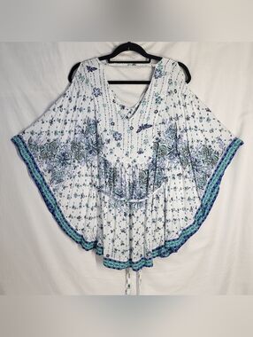 Poupette St. Barth Blue Floral Cold Shoulder Tie Waist Kaftan Mini Dress S/M